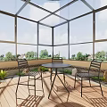 Villa Balcony with Glass Roof Wooden Flooring Round Table Black Chairs and Green Plants