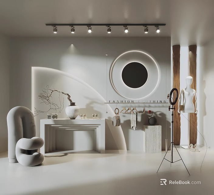 Modern Public Office Space Interior With White Curved Furniture Round Mirror And Lighting Fixtures 3d model 