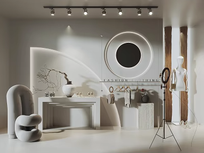 Modern Public Office Space Interior With White Curved Furniture Round Mirror And Lighting Fixtures 3d model