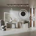 Modern Public Office Space Interior With White Curved Furniture Round Mirror And Lighting Fixtures
