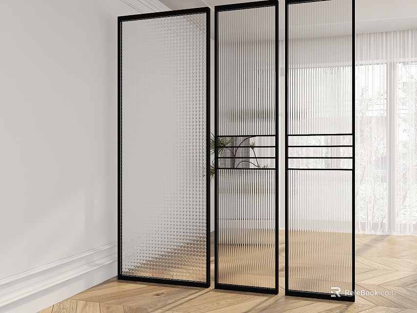 Modern Glass Room Divider Interior Design With Black Frame And Transparent Panels 3d model 