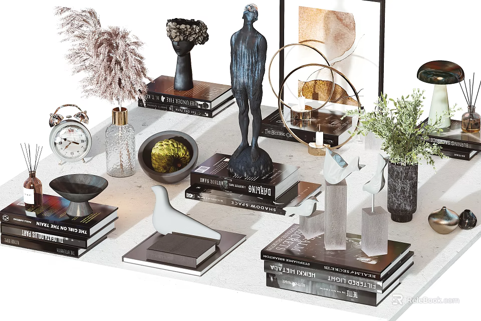 Elegant Decorative Ornament Set With Sculpture Vases Stacked Books Clock And Geometric Decor 3d model 