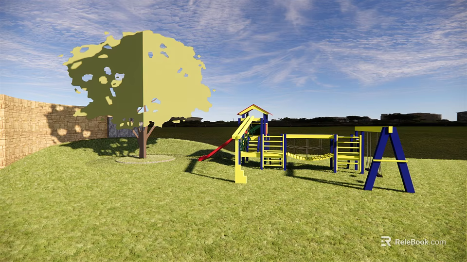 Colorful Playground Equipment With Slide Climbing Frame And Tree On Green Grass Under Blue Sky 3d model 