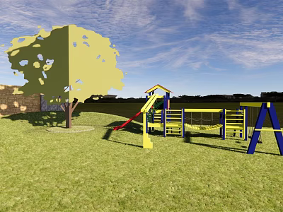 Colorful Playground Equipment With Slide Climbing Frame And Tree On Green Grass Under Blue Sky 3d model