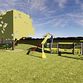 Colorful Playground Equipment With Slide Climbing Frame And Tree On Green Grass Under Blue Sky