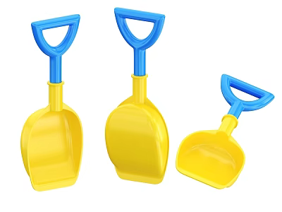 Three Yellow Plastic Shovels With Blue Handles For Children Beach Play 3d model