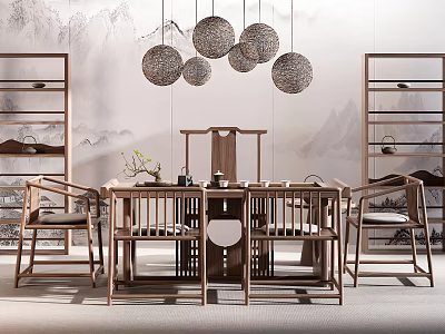 Chinese Style Tea Table And Chairs With Hanging Spherical Pendant Lights And Mountain Painting Background 3d model