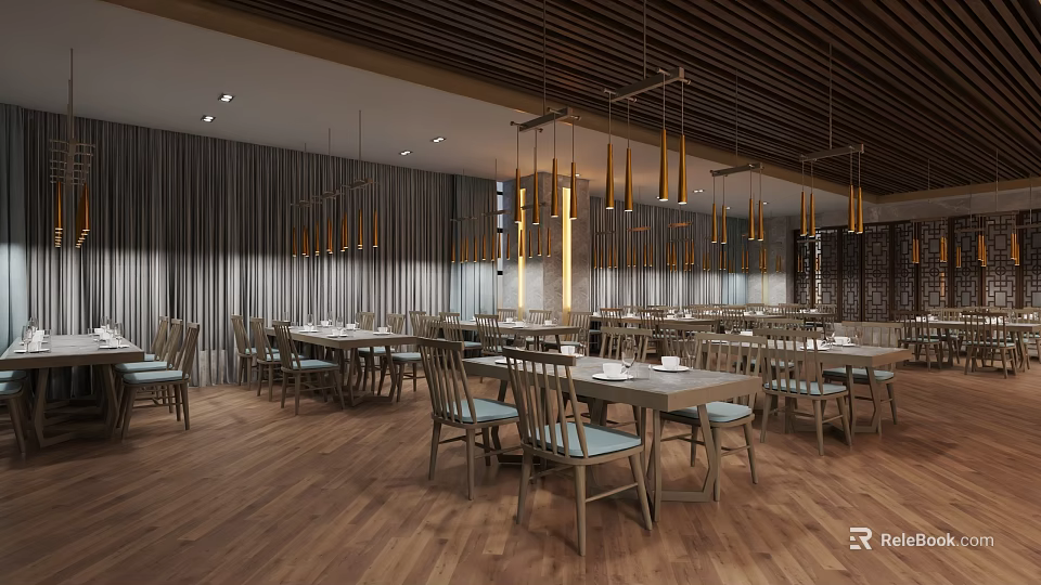Modern Restaurant Interior With Wooden Ceiling Hanging Pendant Lights And Neatly Arranged Dining Tables 3d model 