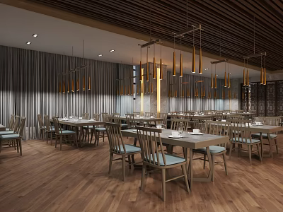 Modern Restaurant Interior With Wooden Ceiling Hanging Pendant Lights And Neatly Arranged Dining Tables 3d model