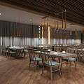 Modern Restaurant Interior With Wooden Ceiling Hanging Pendant Lights And Neatly Arranged Dining Tables