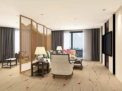 Elegant Living Room Interior With Wooden Screen Gray Curtains Large Window And Beige Sofa 3d model