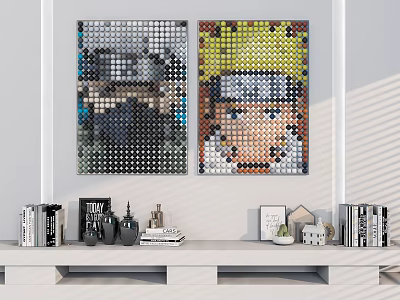Mosaic Anime Character Wall Art Decor In Interior With Bookshelf And Decorations 3d model