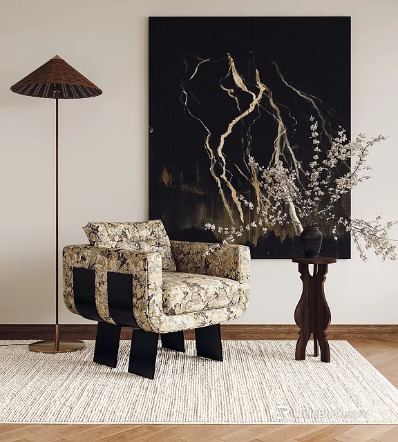 Stylish Floral Accent Chair With Floor Lamp Abstract Painting Wooden Side Table And Rug 3d model 