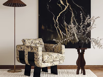 Stylish Floral Accent Chair With Floor Lamp Abstract Painting Wooden Side Table And Rug 3d model