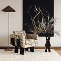 Stylish Floral Accent Chair With Floor Lamp Abstract Painting Wooden Side Table And Rug