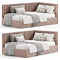 Kids Bed Featuring White and Pink Ribbed Headboard Soft Pillows and Cozy Blankets
