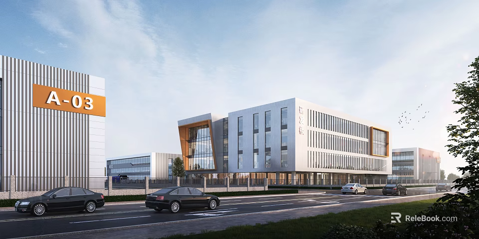 Modern Industrial Factory Building Exterior With Multi storey Glass Curtain Wall Road And Vehicles 3d model 