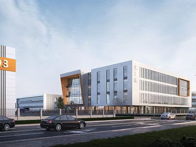 Modern Industrial Factory Building Exterior With Multi storey Glass Curtain Wall Road And Vehicles 3d model