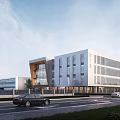 Modern Industrial Factory Building Exterior With Multi storey Glass Curtain Wall Road And Vehicles
