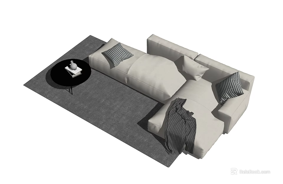 Contemporary Light Colored Sectional Sofa With Pillows And Coffee Table On Gray Rug 3d model