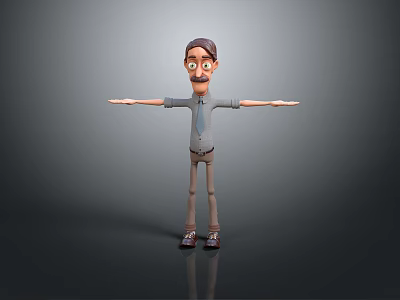 3D Cartoon Character With Glasses Beard Open Arms Gray Shirt And Brown Pants 3d model