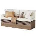 Cozy White Sofa With Beige And White Pillows Striped Dog Toy And Blanket
