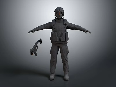 Man Wearing Tactical Gear Helmet Mask Backpack Vest Holding Gun Standing With Arms Outstretched 3d model