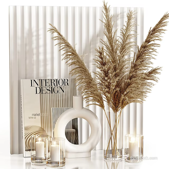 Elegant Decorative Ornament Set With White Circular Accent Interior Design Magazine Pampas Grass And Candles 3d model 