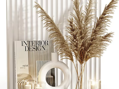 Elegant Decorative Ornament Set With White Circular Accent Interior Design Magazine Pampas Grass And Candles 3d model