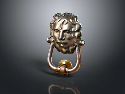 Brass Metal Door Knocker With Intricate Carved Human Face Design On Dark Background 3d model