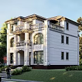 Two Story Detached Villa With White Exterior Balcony Arched Windows And Palm Trees