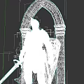 Medieval Armored Game Movie Character Holding Sword And Shield Standing By Stone Archway