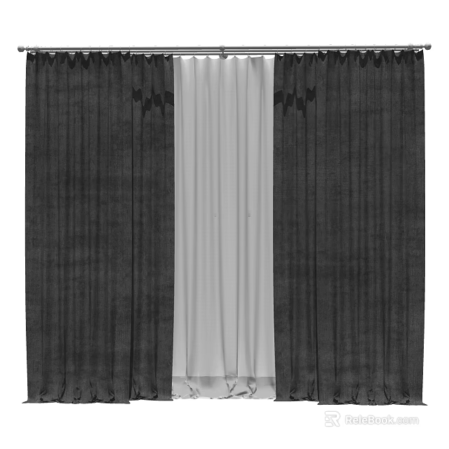 Dark Gray Curtains With White Sheer Panels And Decorative Top Trim 3d model 