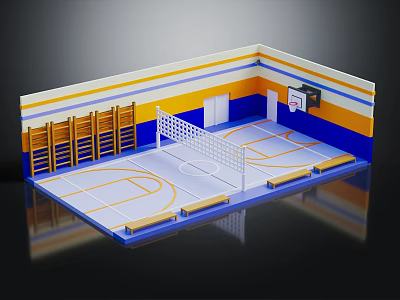 Modern Indoor Sports Facility With Basketball Court Volleyball Net And Lockers 3d model
