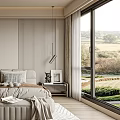 Modern Bedroom Interior With Bed Bench Marble Painting Rug And Floor To Ceiling Window