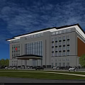 Modern White Office Building With Large Glass Windows Lawn Parking Lot And Trees