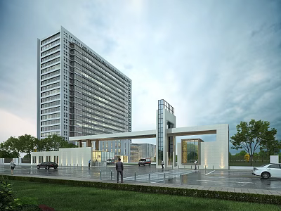 Modern Tall Office Building With Glass Facade Entrance Gate Landscaped Lawn Trees And Cars 3d model