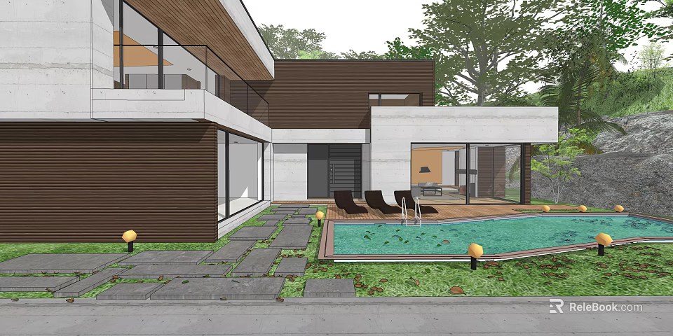 Modern Detached Villa With Swimming Pool Outdoor Lounge And Wooden White Exterior 3d model 