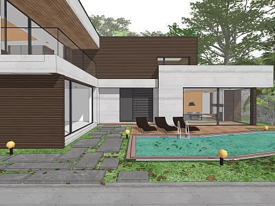 Modern Detached Villa With Swimming Pool Outdoor Lounge And Wooden White Exterior 3d model