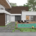 Modern Detached Villa With Swimming Pool Outdoor Lounge And Wooden White Exterior