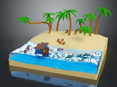 Cartoon Island Scene with Palm Trees Sandy Beach Water Swimming Sharks and Wooden Boat 3d model