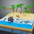Cartoon Island Scene with Palm Trees Sandy Beach Water Swimming Sharks and Wooden Boat