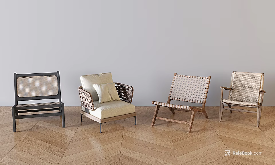 Modern Leisure Chairs With Rattan Woven Design Wooden Frames And Soft Beige Cushions 3d model 