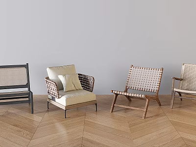 Modern Leisure Chairs With Rattan Woven Design Wooden Frames And Soft Beige Cushions 3d model