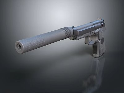 Gray Metal Pistol With Silencer On Dark Reflective Background Surface 3d model
