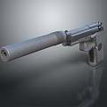 Gray Metal Pistol With Silencer On Dark Reflective Background Surface 3d model