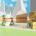Cartoon Scene With Colorful Buildings Dome Structure Arched Door Mountains Blue Sky And White Clouds