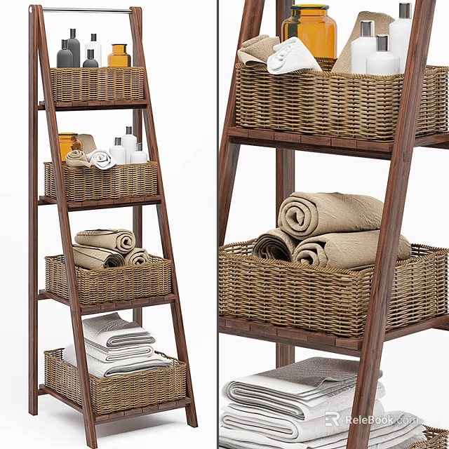 Wooden Multi Tiered Shelf With Wicker Baskets For Storing Towels And Fabrics 3d model 