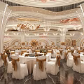 Luxurious Banquet Hall Interior With Chandelier Tables Chairs And Marble Floor