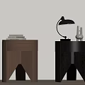 Modern Brown And Black Bedside Tables With Triangular Legs Books Lamp And Vase